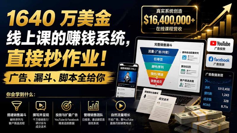 1640 万美金线上课的赚钱系统,直接抄作业!广告、漏斗、脚本全给你【原创双语字幕】-初遇资源网