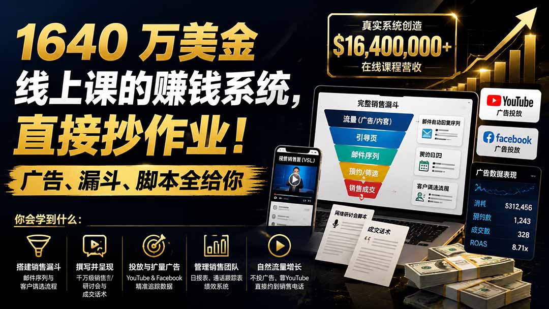 【中创网】1640 万美金线上课的赚钱系统，直接抄作业！广告、漏斗、脚本全给你【原创双语字幕】 - 初遇资源网
