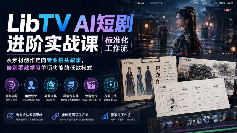 LibTV AI短剧进阶实操课标准化工作流；从素材创作走向专业镜头叙事，告别零散学习单项功能的低效模式-初遇资源网