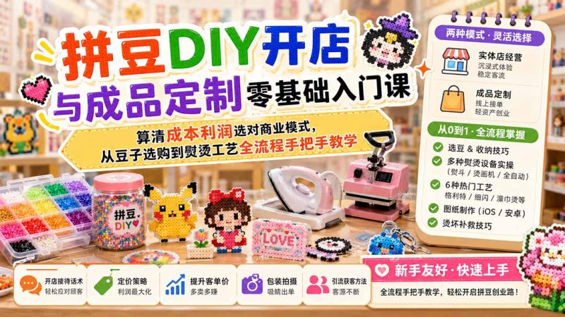 拼豆DIY开店与成品定制零基础入门课;算清成本利润选对商业模式,从豆子选购到熨烫工艺全流程手把手教学-初遇资源网
