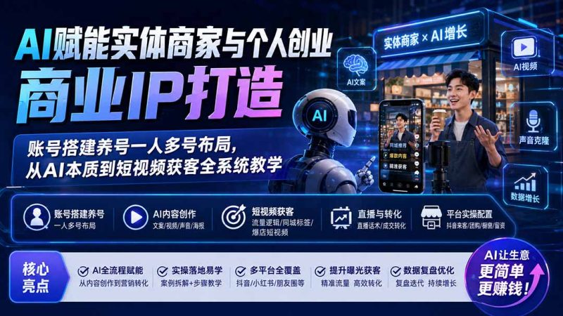 AI赋能实体商家与个人创业商业IP打造；账号搭建养号一人多号布局，从AI本质到短视频获客全系统教学-初遇资源网