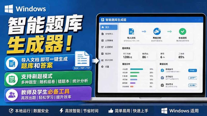 Windows 智能题库刷题软件!导入文档一键生成题库和答案,并支持刷题模式,教师及学生必备工具 原创-初遇资源网