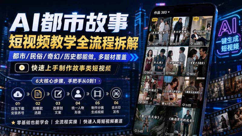 AI都市故事短视频教学全流程拆解;都市/民俗/奇幻/历史都能做多题材覆盖,快速上手制作故事类短视频-初遇资源网