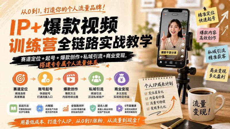 IP+爆款视频训练营全链路实战教学；赛道定位+起号+爆款创作+私域引流+商业变现，搭建专属个人流量体系-初遇资源网