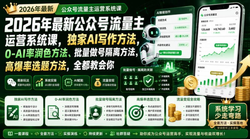2026年最新公众号流量主运营系统课,独家AI写作方法,0-AI率润色方法、批量做号隔离方法、高爆率选题方法,全都教会你-初遇资源网