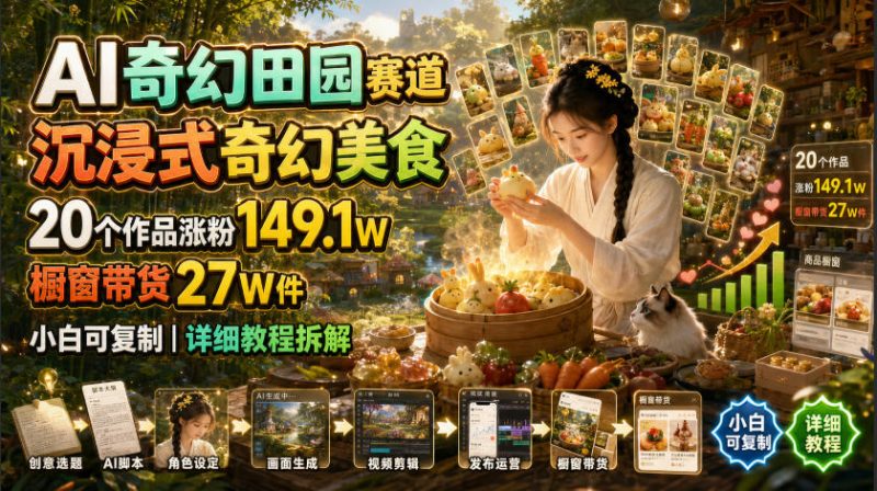 AI奇幻田园赛道,沉浸式奇幻美食,20个作品涨粉149.1W,橱窗带货27W件,小白可复制,详细教程拆解-初遇资源网