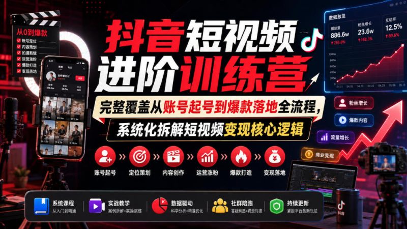 抖音短视频进阶训练营,完整覆盖从账号起号到爆款落地全流程,系统化拆解短视频变现核心逻辑-初遇资源网