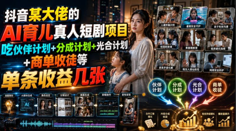 抖音某大佬的AI育儿真人短剧项目,吃伙伴计划+分成计划+光合计划+商单收徒等,单条收益几张-初遇资源网