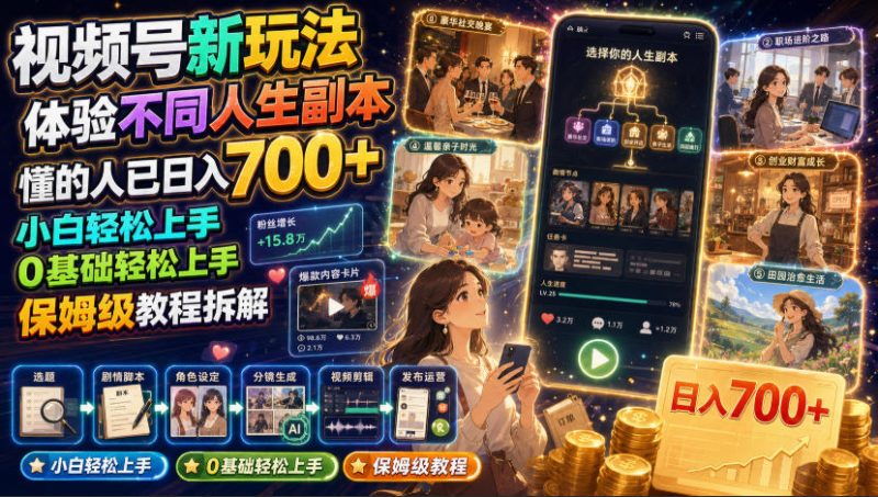 视频号新玩法体验不同人生副本,懂的人已日入700+,小白轻松上手,0基础轻松上手,保姆级教程拆解-初遇资源网