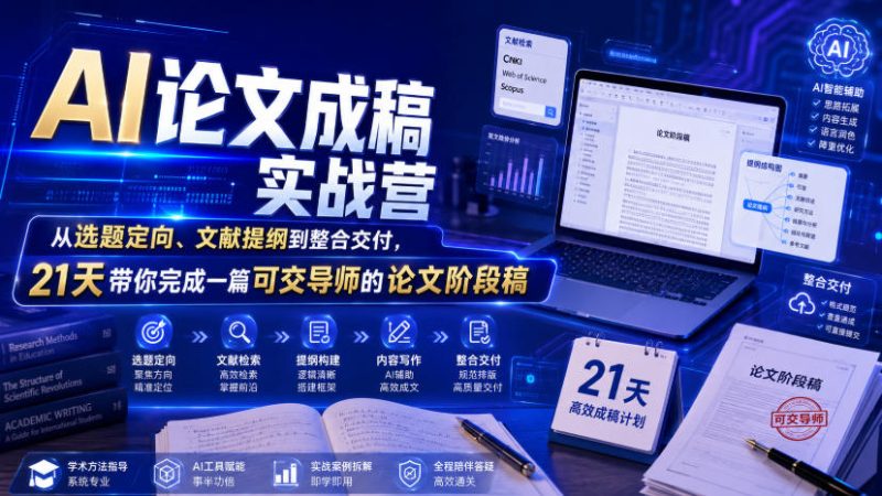 AI论文成稿实战营,从选题定向、文献提纲到整合交付,21天带你完成一篇可交导师的论文阶段稿-初遇资源网