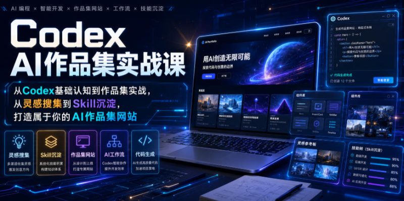 Codex AI作品集实战课,从Codex基础认知到作品集实战,从灵感搜集到Skill沉淀,打造属于你的AI作品集网站-初遇资源网