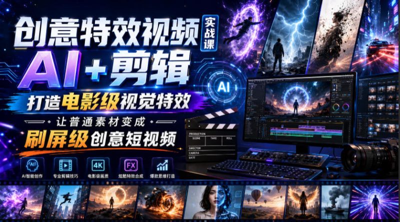 创意特效视频实战课,AI+剪辑打造电影级视觉特效,让普通素材变成刷屏级创意短视频-初遇资源网