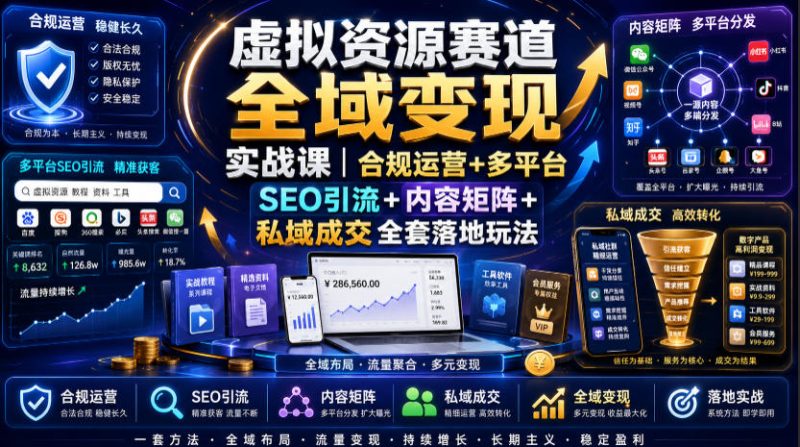 虚拟资源赛道全域变现实战课｜合规运营+多平台SEO引流+内容矩阵+私域成交全套落地玩法-初遇资源网