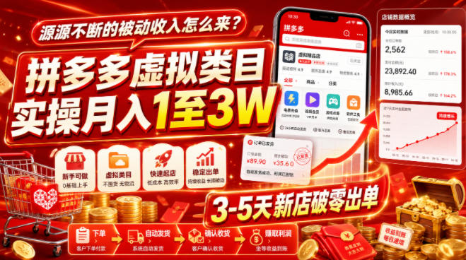 源源不断的被动收入怎么来?拼多多虚拟类目实操月入1至3W,3-5天新店破零出单-初遇资源网