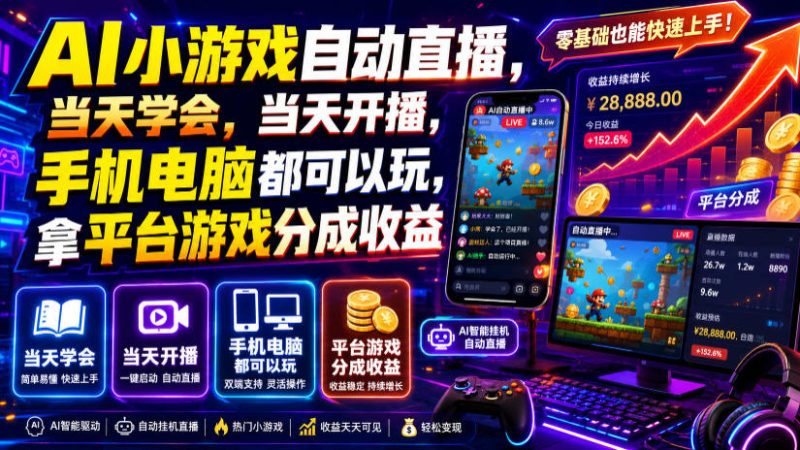 AI小游戏自动直播,当天学会,当天开播,手机电脑都可以玩,拿平台游戏分成收益-初遇资源网