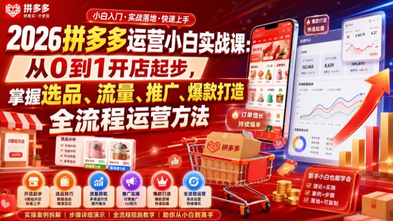 2026拼多多运营小白实战课:从0到1开店起步,掌握选品、流量、推广、爆款打造全流程运营方法-初遇资源网