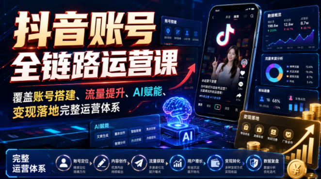 抖音账号全链路运营课,覆盖账号搭建、流量提升、AI赋能、变现落地完整运营体系-初遇资源网