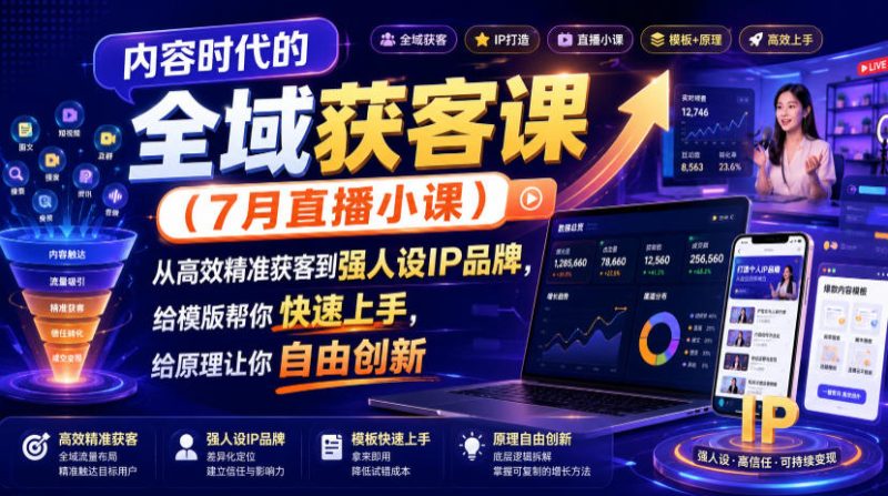 内容时代的全域获客课（7月直播小课），从高效精准获客到强人设IP品牌，给模版帮你快速上手，给原理让你自由创新-初遇资源网