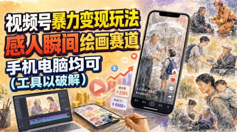 视频号暴力变现玩法,感人瞬间绘画赛道,手机电脑均可-初遇资源网