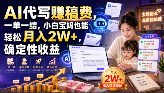 AI代写賺稿费,一单一结,小白宝妈也能轻松月入2W+,确定性收益-初遇资源网