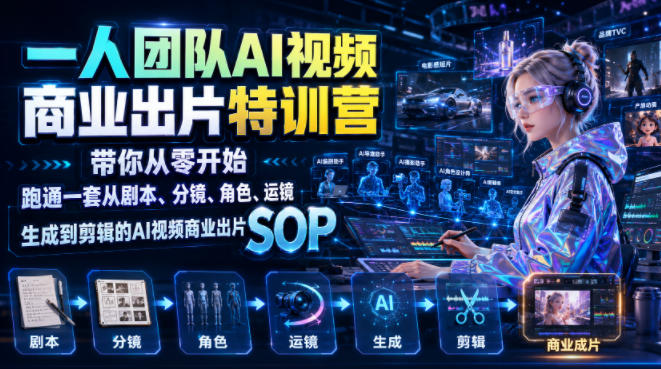 一人团队AI视频商业出片实战课:带你从零开始跑通一套从剧本、分镜、角色、运镜、生成到剪辑的AI视频商业出片SOP-初遇资源网