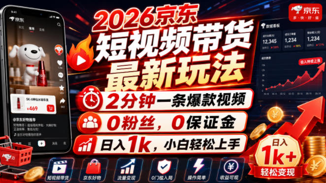 2026京东短视频带货最新玩法,2分钟一条爆款视频,0粉丝,0保证金,日入1k,小白轻松上手-初遇资源网