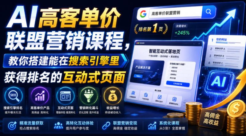 AI高客单价联盟营销课程,教你搭建能在搜索引擎里获得排名的互动式页面,引来流量,把访客转化为高佣金的成交【原创双语字幕】-初遇资源网