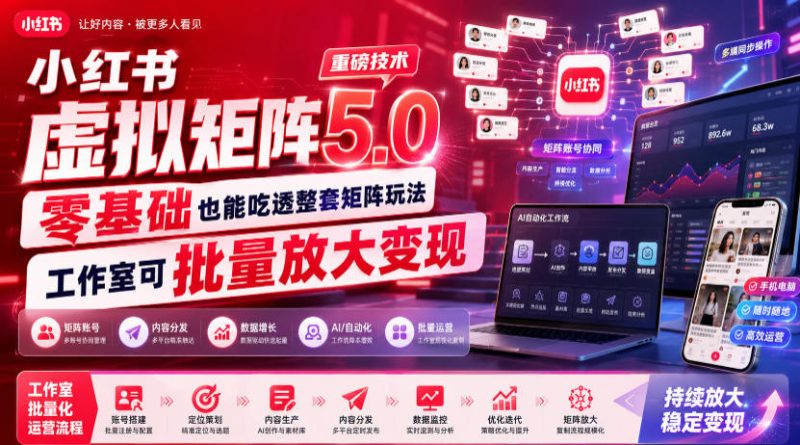 小红书虚拟矩阵5.0重磅技术,零基础也能吃透整套矩阵玩法,工作室可批量放大变现-初遇资源网