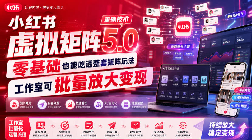 【冒泡网】小红书虚拟矩阵5.0重磅技术，零基础也能吃透整套矩阵玩法，工作室可批量放大变现 - 初遇资源网