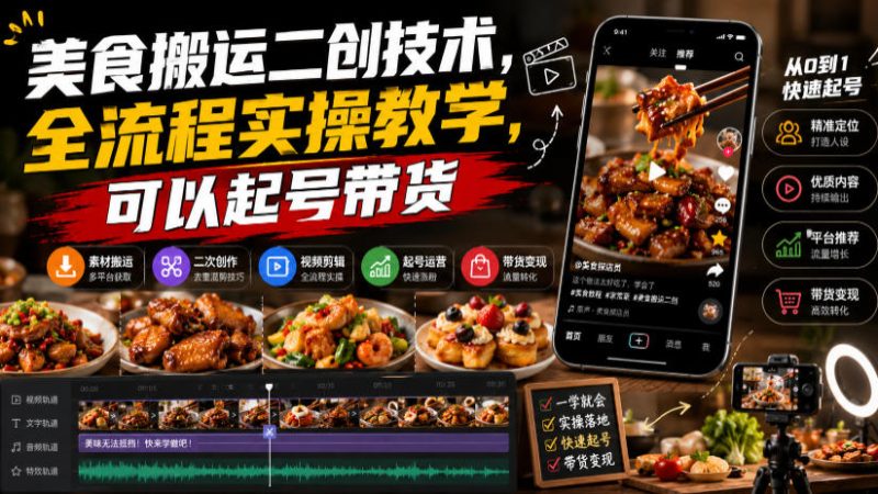 美食搬运二创技术,全流程实操教学,可以起号带货-初遇资源网