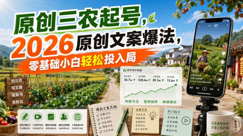 原创三农起号，2026原创文案爆法，零基础小白轻松投入局-初遇资源网