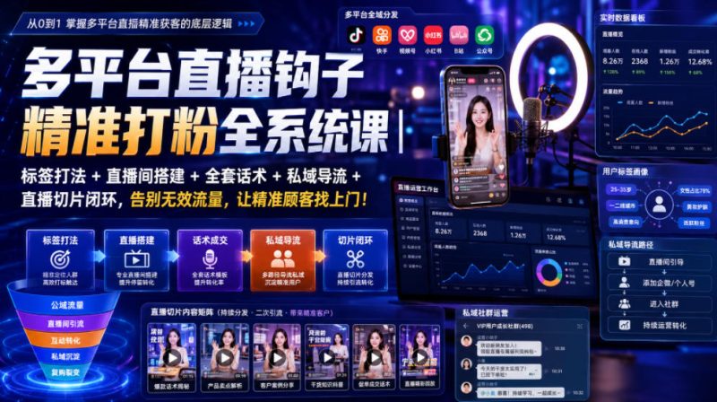 多平台直播钩子精准打粉全系统课｜标签打法+直播间搭建+全套话术+私域导流+直播切片闭环，告别无效流量，让精准顾客找上门！-初遇资源网