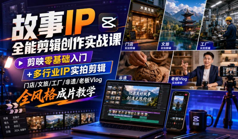故事IP全能剪辑创作实战课|剪映零基础入门+多行业IP实拍剪辑,门店/文旅/工厂/非遗/老板Vlog全风格成片教学-初遇资源网