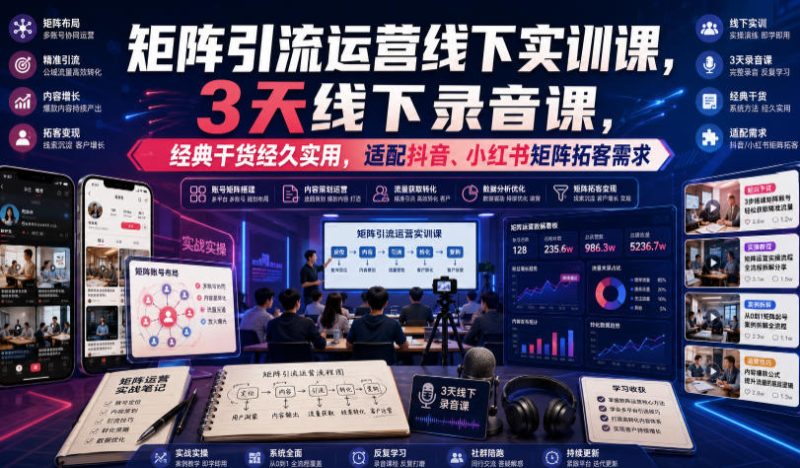 嗨推矩阵引流运营线下实训课,3天线下录音课,经典干货经久实用,适配抖音、小红书矩阵拓客需求-初遇资源网