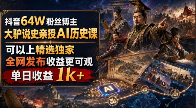 抖音64W粉丝博主大驴说史亲授AI历史课,可以上精选独家,全网发布收益更可观,单日收益1k+-初遇资源网