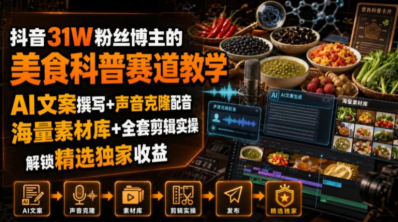 抖音31W粉丝博主的美食科普赛道教学,AI文案撰写+声音克隆配音+剪辑实操,解锁精选独家收益-初遇资源网