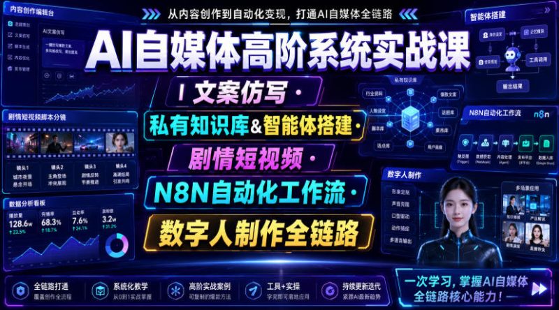 AI自媒体高阶系统实战课|文案仿写・私有知识库&智能体搭建・剧情短视频・N8N自动化工作流・数字人制作全链路-初遇资源网