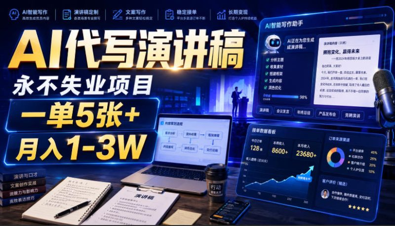 AI代写演讲稿,永不失业项目,一单5张+,月入1-3W-初遇资源网