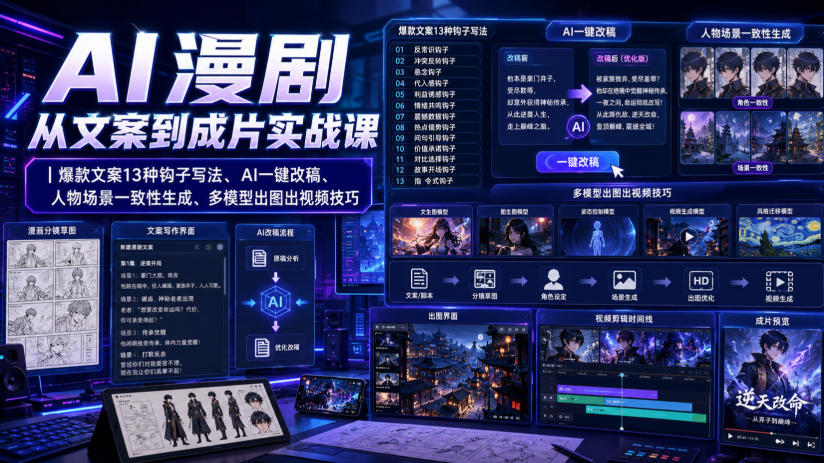【冒泡网】AI漫剧从文案到成片实战课｜爆款文案13种钩子写法、AI一键改稿、人物场景一致性生成、多模型出图出视频技巧 - 初遇资源网