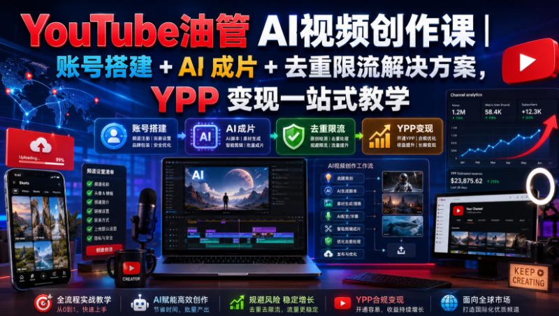 YouTube油管AI视频创作课|账号搭建+AI成片+去重限流解决方案,YPP变现一站式教学-初遇资源网