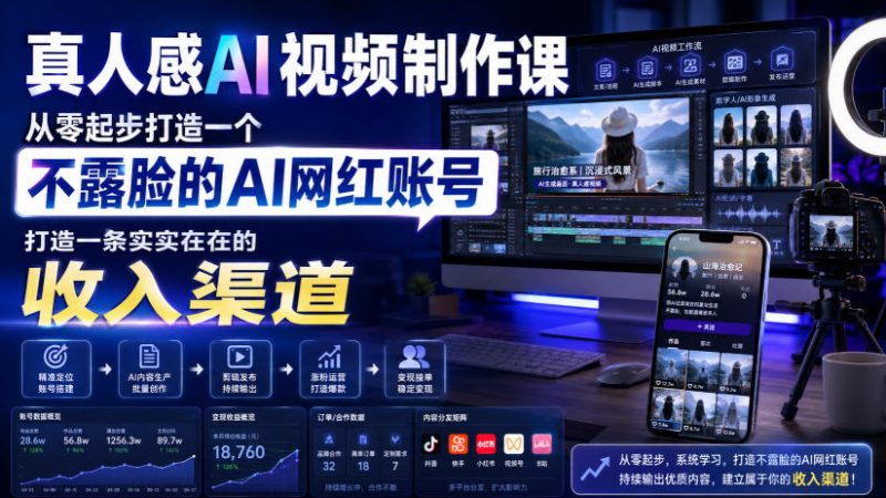 真人感AI视频制作课,从零起步打造一个不露脸的AI网红账号,打造一条实实在在的收入渠道【原创双语字幕】-初遇资源网