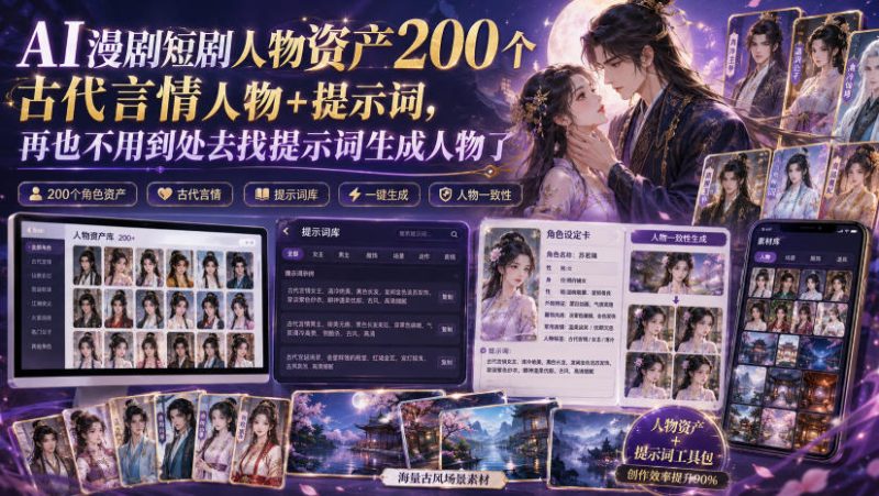 AI漫剧短剧人物资产200个古代言情人物+提示词,再也不用到处去找提示词生成人物了-初遇资源网