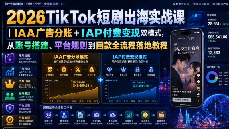 2026TikTok短剧出海实战课|IAA广告分账+IAP付费变现双模式,从账号搭建、平台规则到回款全流程落地教程-初遇资源网