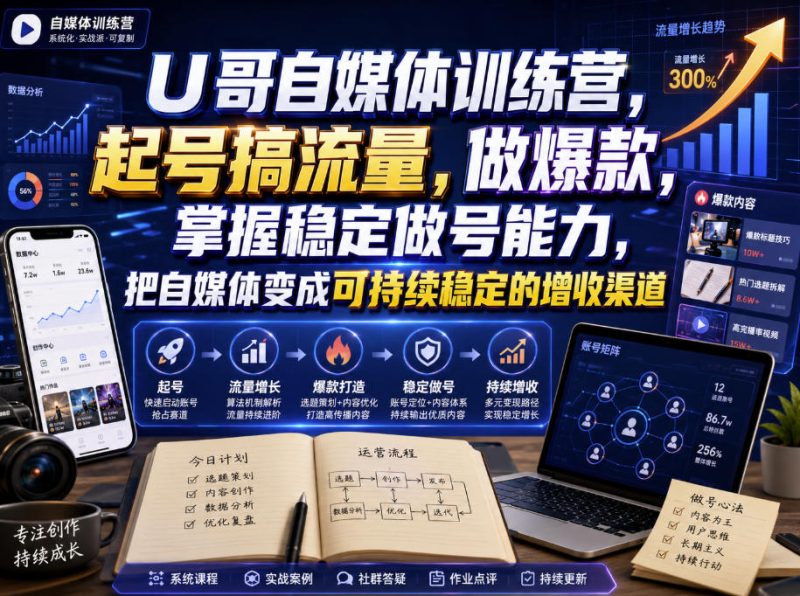 U哥自媒体训练营,起号搞流量,做爆款,掌握稳定做号能力,把自媒体变成可持续稳定的增收渠道-初遇资源网