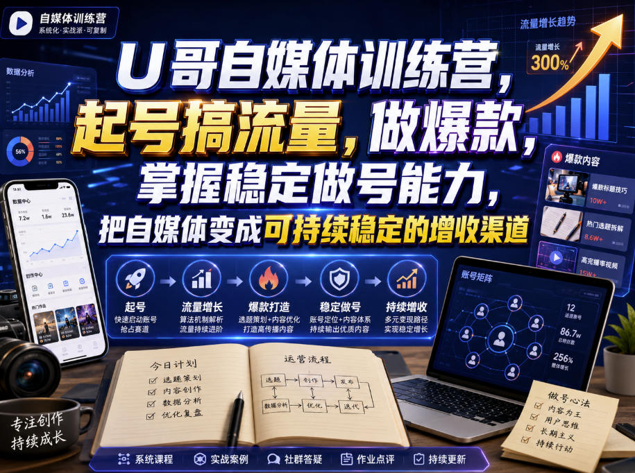 【冒泡网】U哥自媒体训练营，起号搞流量，做爆款，掌握稳定做号能力，把自媒体变成可持续稳定的增收渠道 - 初遇资源网