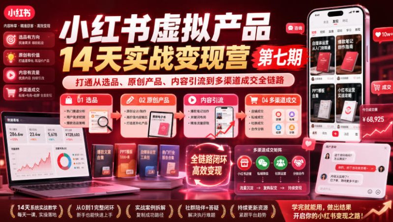 小红书虚拟产品14天实战变现营第七期,打通从选品、原创产品、内容引流到多渠道成交全链路-初遇资源网