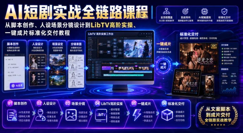 AI短剧实战全链路课程|从脚本创作、人设场景分镜设计到LibTV高阶实操、一键成片标准化交付教程-初遇资源网