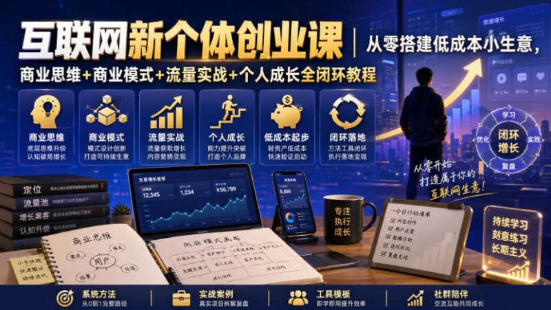 互联网新个体创业课｜从零搭建低成本小生意，商业思维+商业模式+流量实战+个人成长全闭环教程-初遇资源网