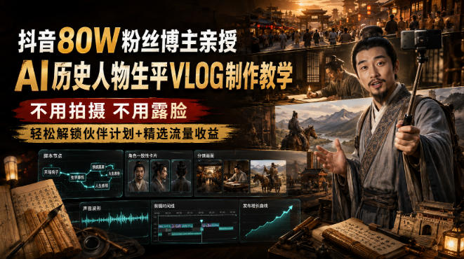 抖音80W粉丝博主的AI历史人物生平VLOG教学,不用拍摄不用露脸,AI帮你搞定,轻松解锁伙伴计划+精选收益-初遇资源网