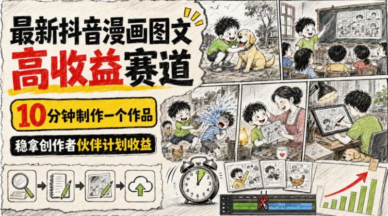 最新抖音漫画图文高收益赛道,10分钟制作一个作品,稳拿创作者伙伴计划收益-初遇资源网
